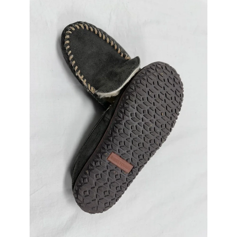 Minnetonka Kids Suede Sheepskin Lined Moccasin Slippers Shoes‎ Size 5 Gray